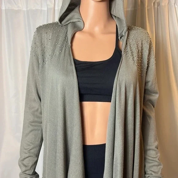 Cullen Studded Hooded Open Front Cardigan Olive Gray Size Small Pockets - Picture 3 of 12